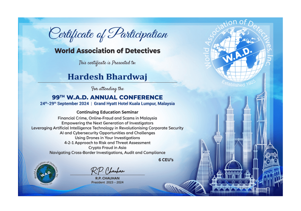 W.A.D. Certificate of Participation — Hardesh Bhardwaj
