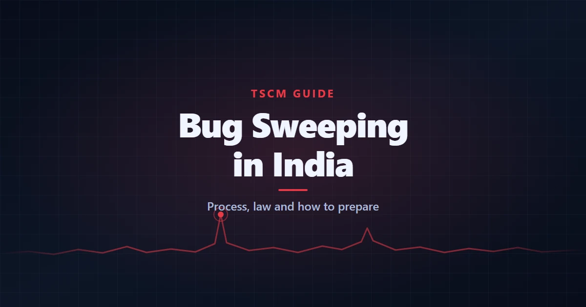 Bug Sweeping in India guide cover: title text above a red spectrum analyser trace with one signal peak marked, on a dark navy grid