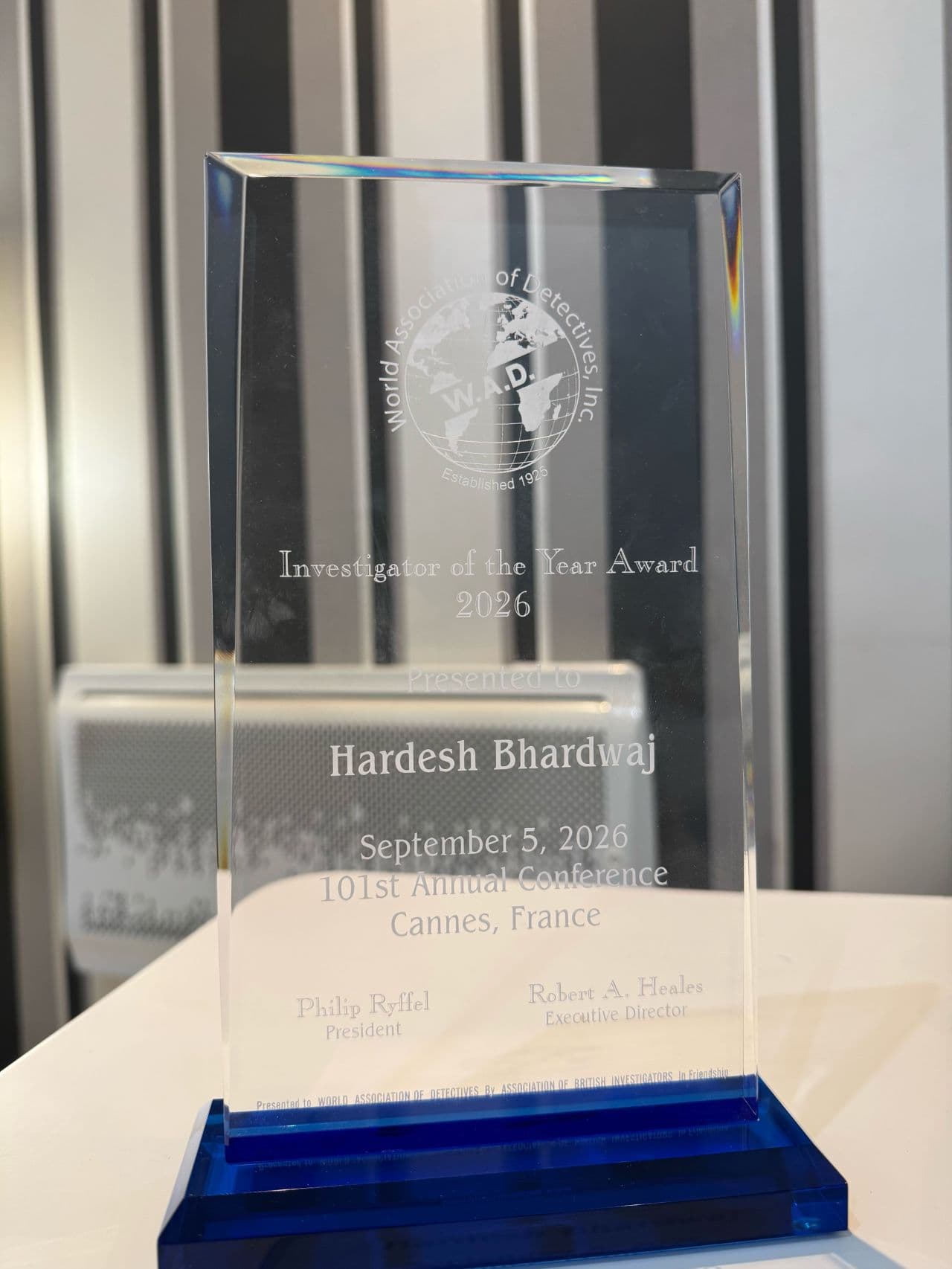 W.A.D. Investigator of the Year Award 2026 crystal plaque, presented to Hardesh Bhardwaj