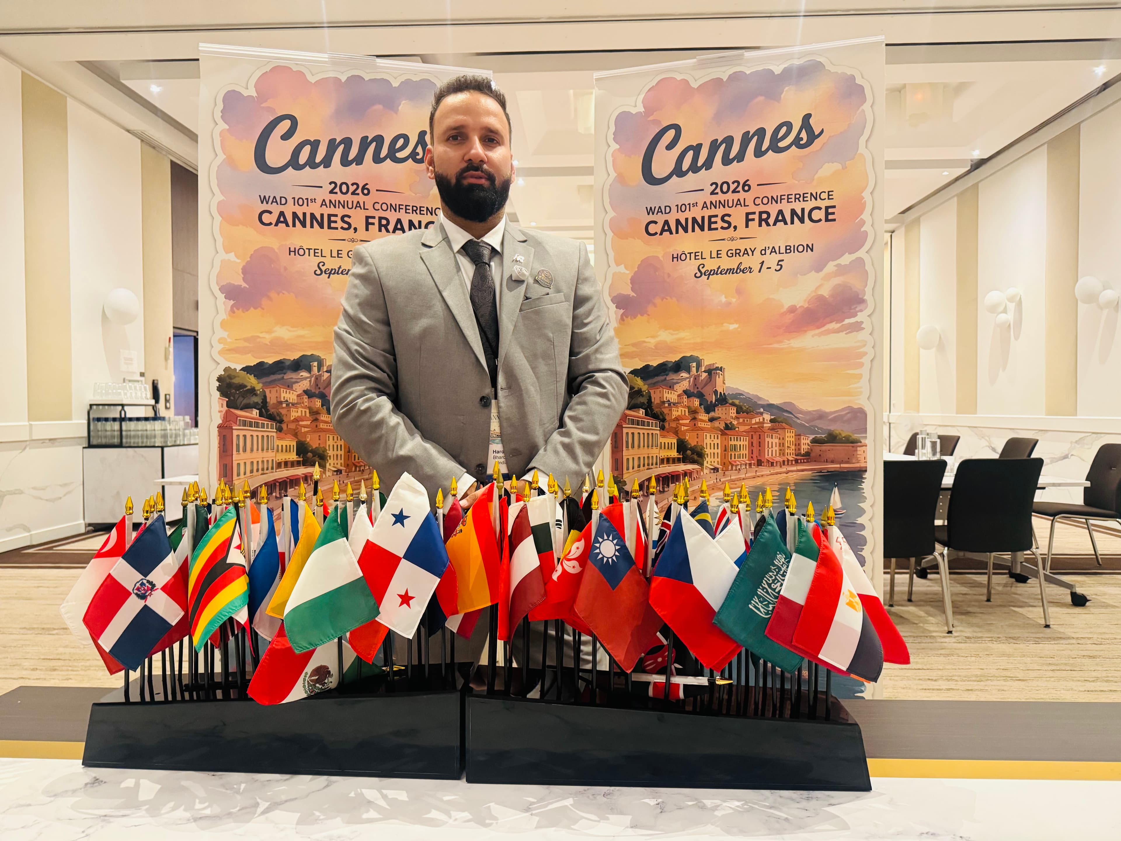 Hardesh Bhardwaj at the W.A.D. 101st Annual Conference welcome desk, Cannes, France
