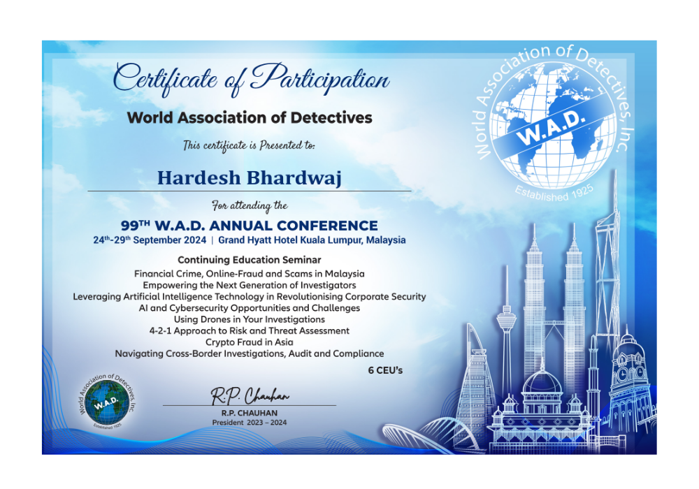 W.A.D. Certificate of Participation — Hardesh Bhardwaj