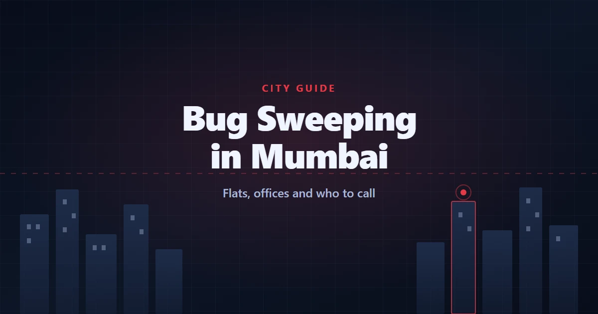 Bug Sweeping in Mumbai guide cover: a stylised skyline on a dark navy grid with one tower marked by a red detection point