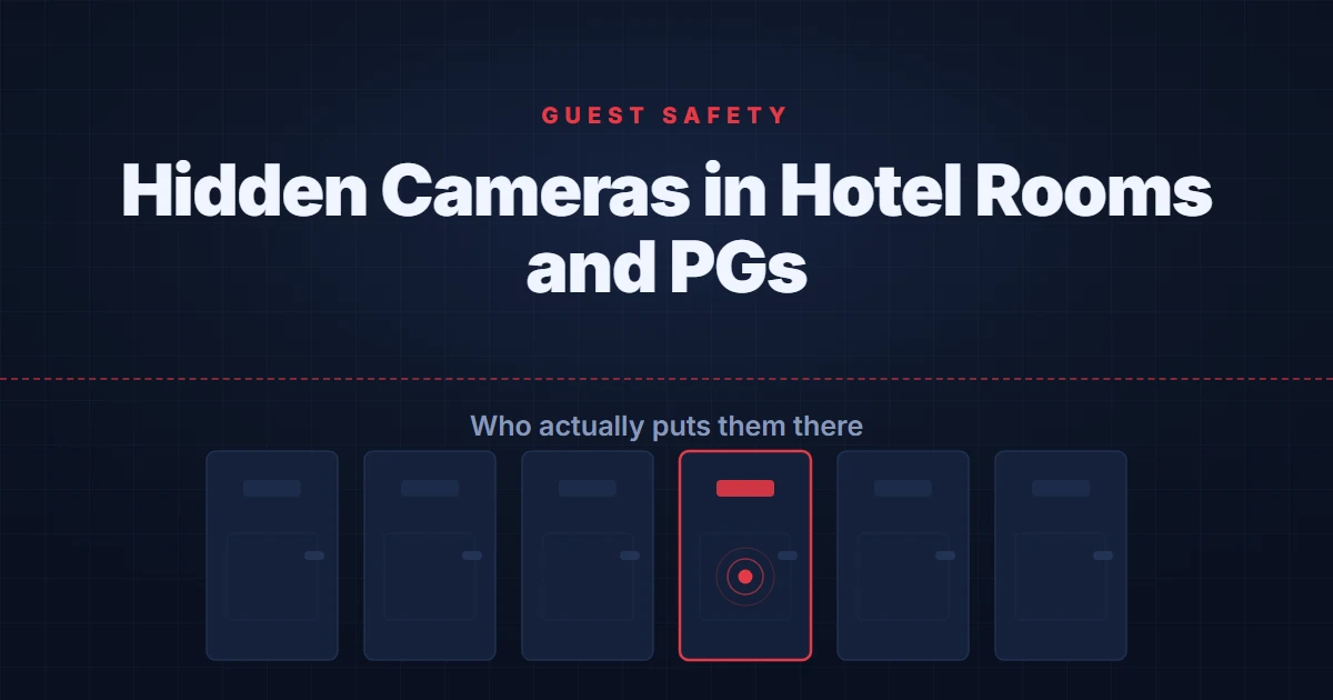 Hidden cameras in hotel rooms guide cover: a dark room outline with a door key tag and a single red lens glint above the bathroom fittings